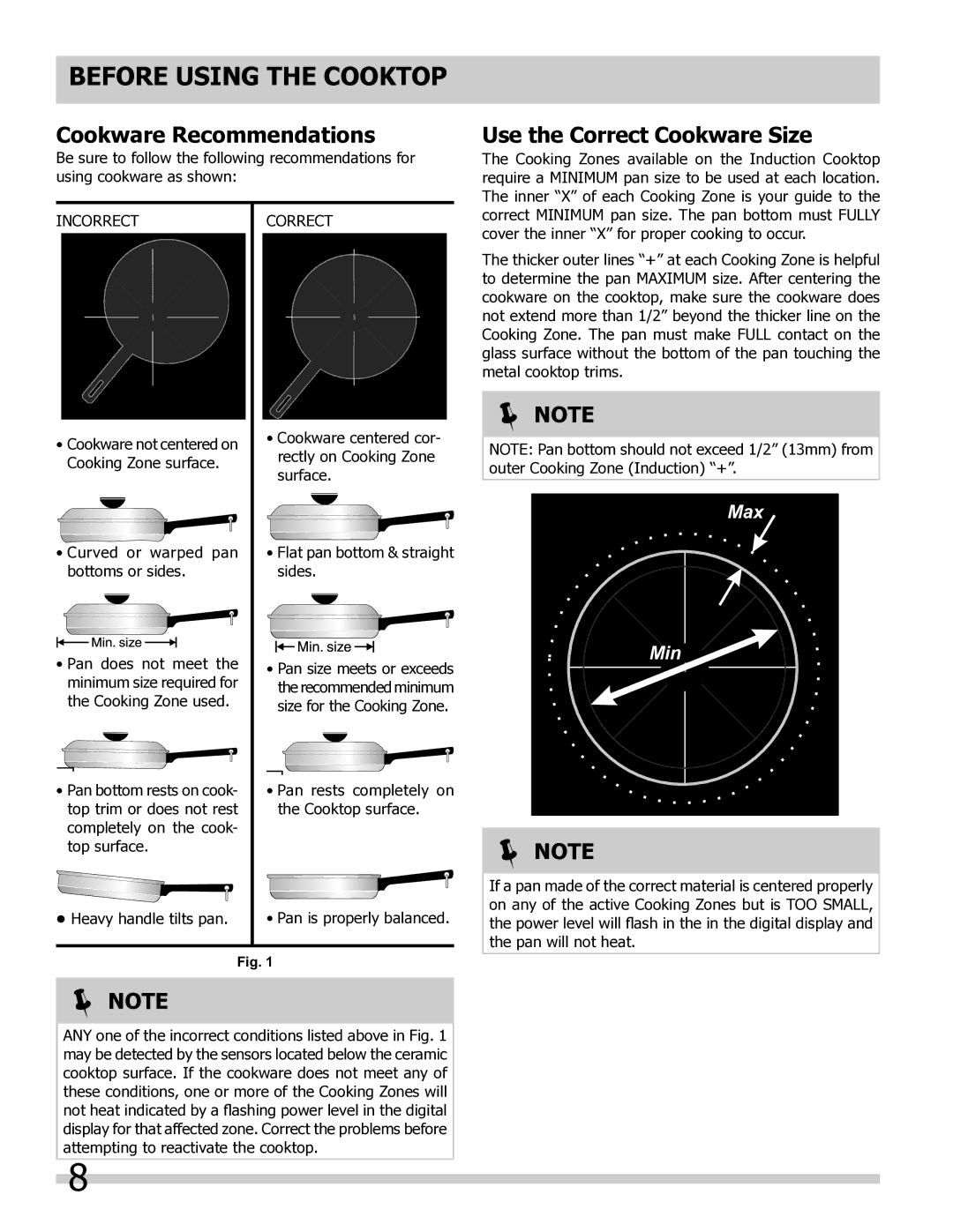 Frigidaire FGIC3667MB, FGIC3067MB, FPIC3095MS, FPIC3695MS Cookware Recommendations, Use the Correct Cookware Size 