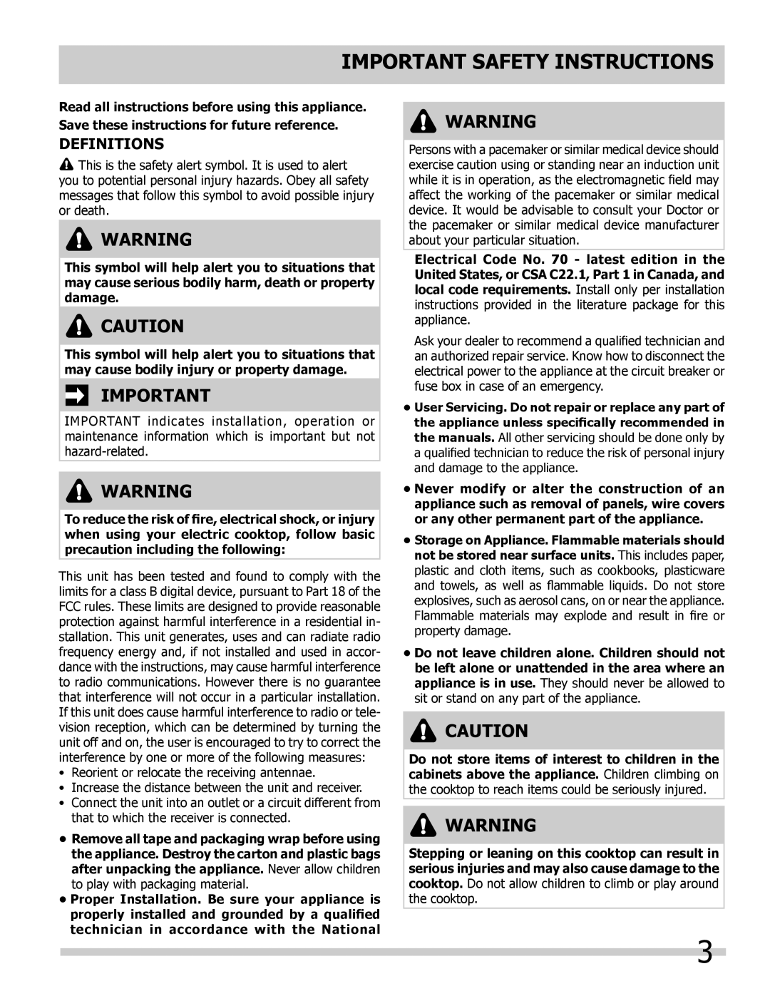 Frigidaire FPIC3695MS, FGIC3667MB, FGIC3067MB, FPIC3095MS Important Safety Instructions, Definitions 