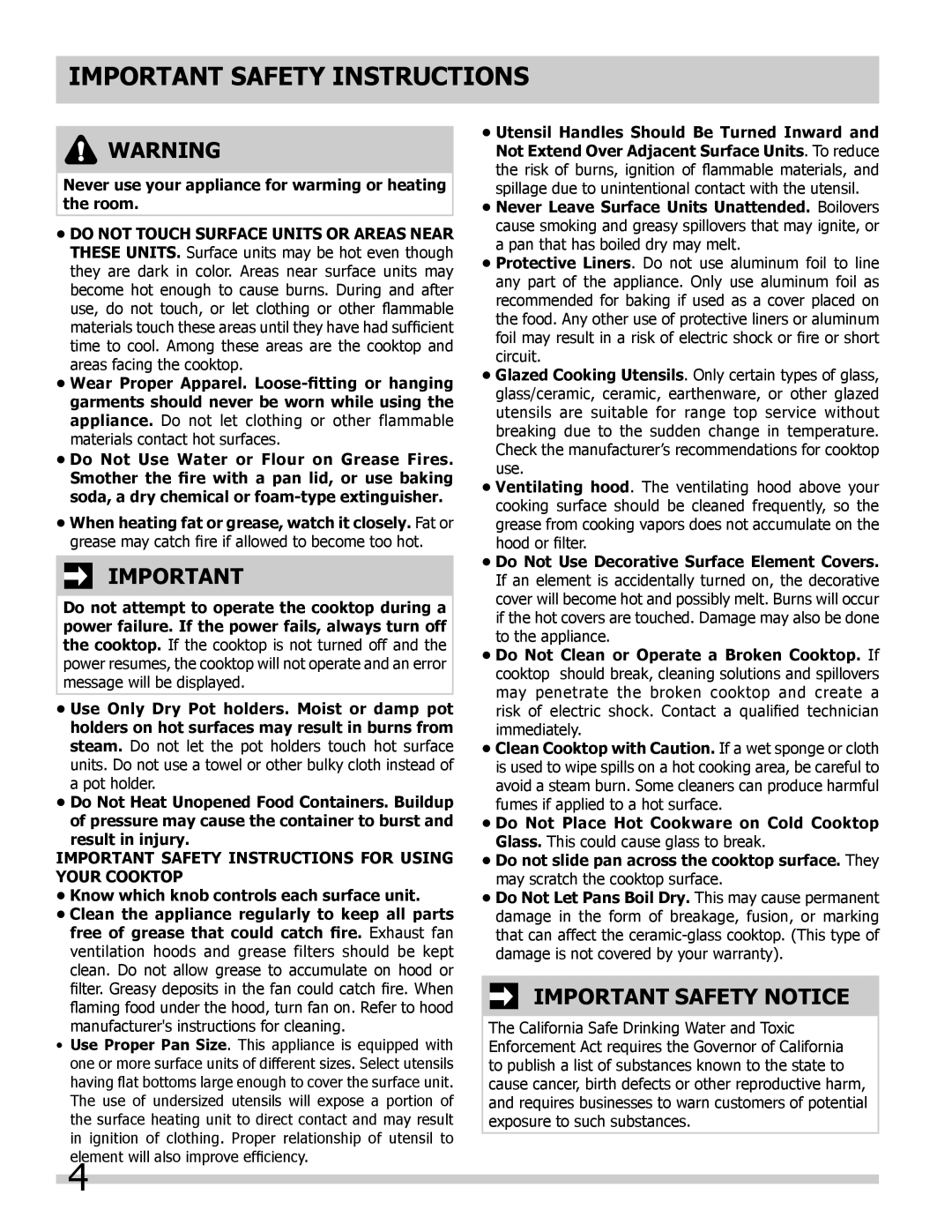 Frigidaire FGIC3667MB, FGIC3067MB, FPIC3095MS, FPIC3695MS Important Safety Notice, Important Safety Instructions 