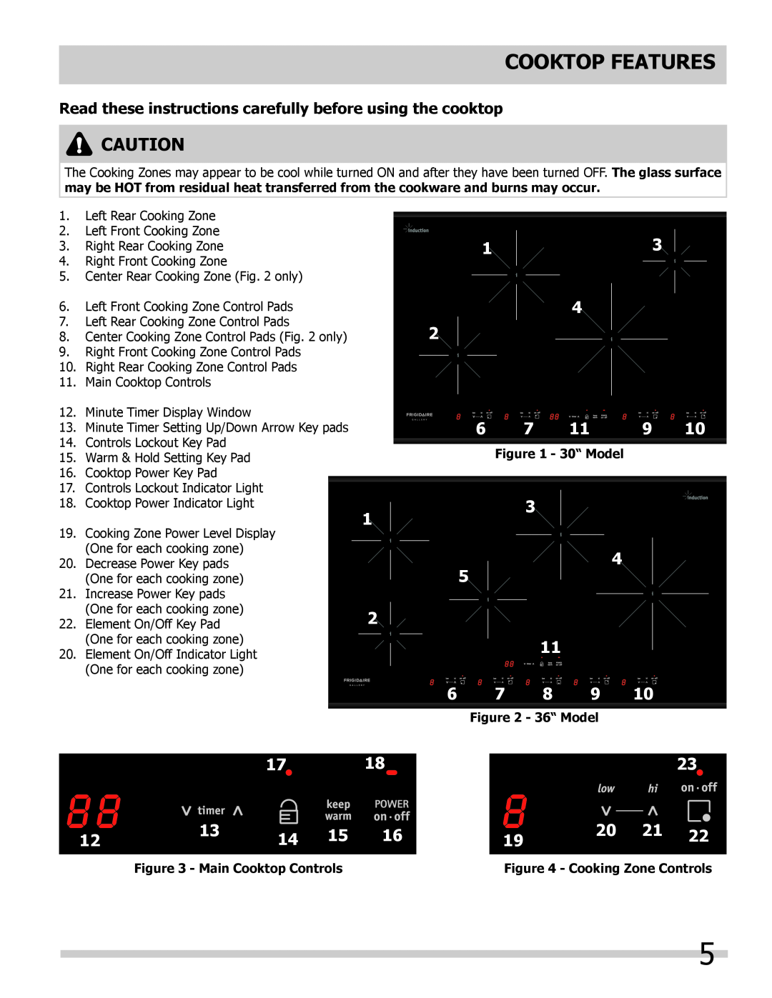 Frigidaire FGIC3067MB Cooktop Features, Read these instructions carefully before using the cooktop, Main Cooktop Controls 