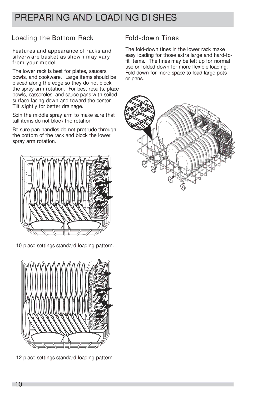 Frigidaire FGID2466QW, FGID2466QB, FGID2466QF manual Loading the Bottom Rack Fold-down Tines 