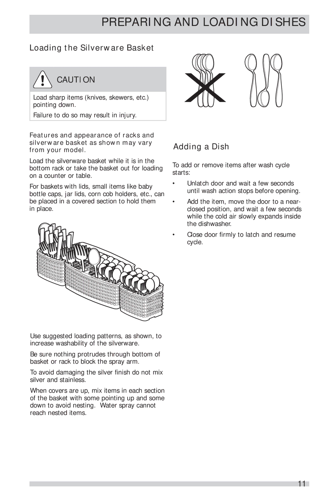 Frigidaire FGID2466QF, FGID2466QB, FGID2466QW manual Loading the Silverware Basket, Adding a Dish 