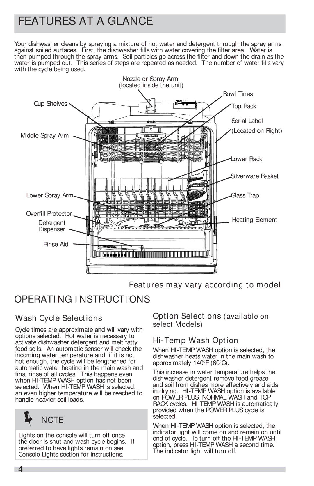 Frigidaire FGID2466QW, FGID2466QB manual Features AT a Glance, Features may vary according to model, Wash Cycle Selections 