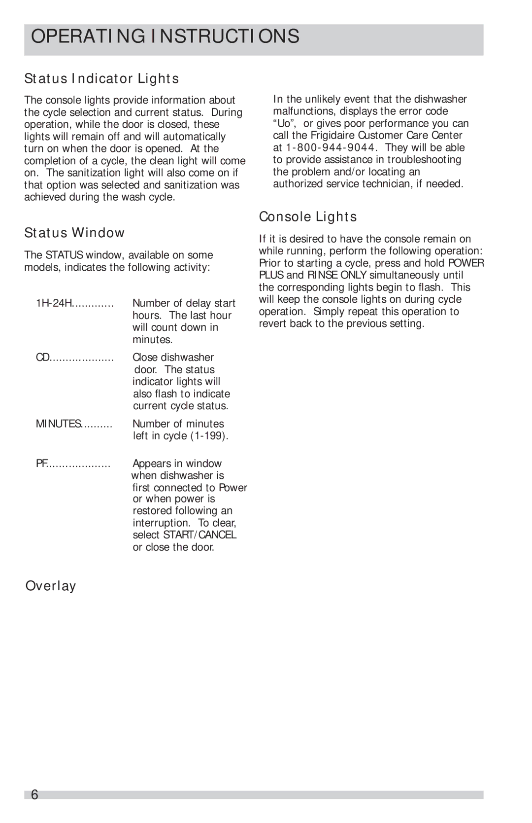 Frigidaire FGID2466QB, FGID2466QW, FGID2466QF manual Status Indicator Lights, Status Window, Console Lights, Overlay 