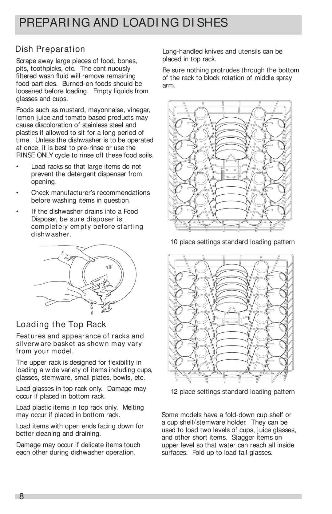 Frigidaire FGID2466QF, FGID2466QB, FGID2466QW manual Preparing and Loading Dishes, Dish Preparation, Loading the Top Rack 