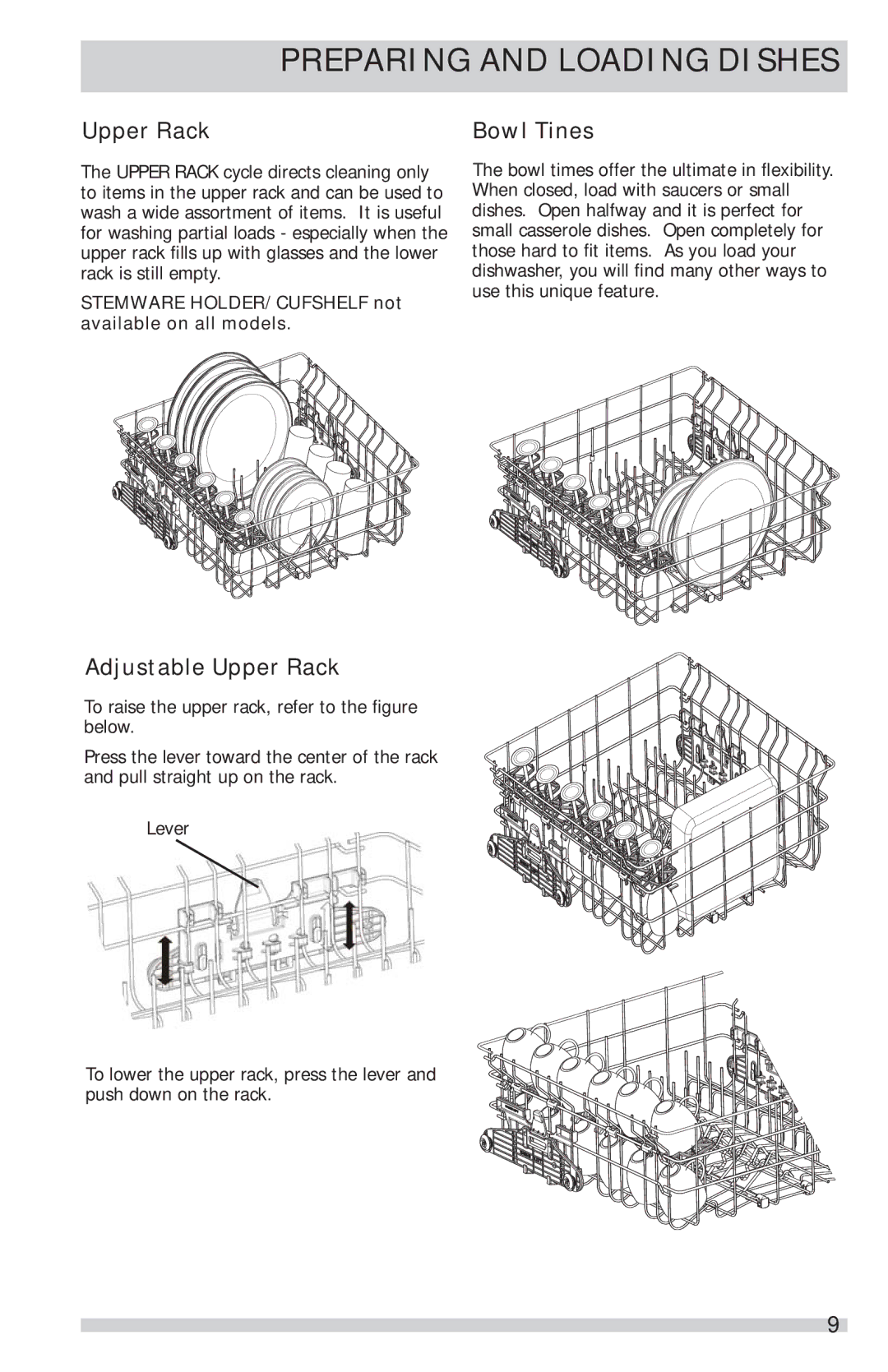 Frigidaire FGID2466QB manual Adjustable Upper Rack, Bowl Tines, Stemware HOLDER/CUFSHELF not available on all models 