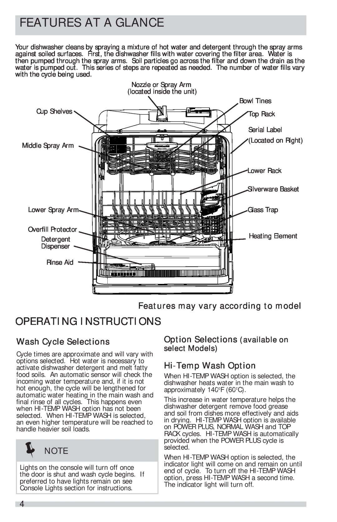 Frigidaire FGID2466QW, FGID2466QB manual Features At A Glance, Features may vary according to model, Wash Cycle Selections 