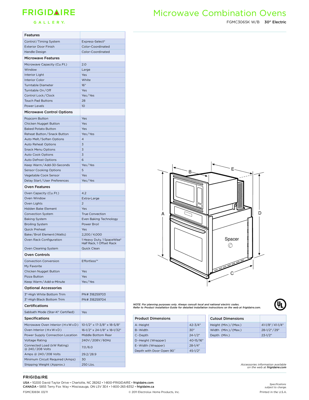 Frigidaire FGMC3065K W/B Microwave Features, Microwave Control Options, Oven Features, Oven Controls, Certifications 