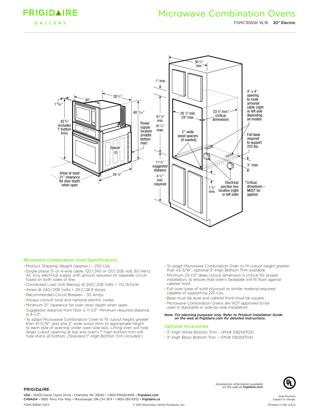 Frigidaire FGMC3065K W/B dimensions Microwave Combination Oven Specifications, Optional Accessories 