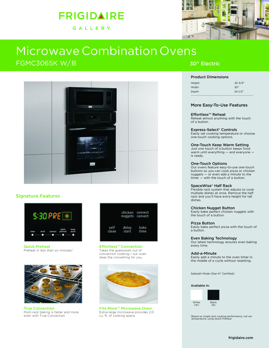 Frigidaire FGMC3065K W/B dimensions Quick Preheat, Effortless Convection, True Convection, Fits-More Microwave Oven 