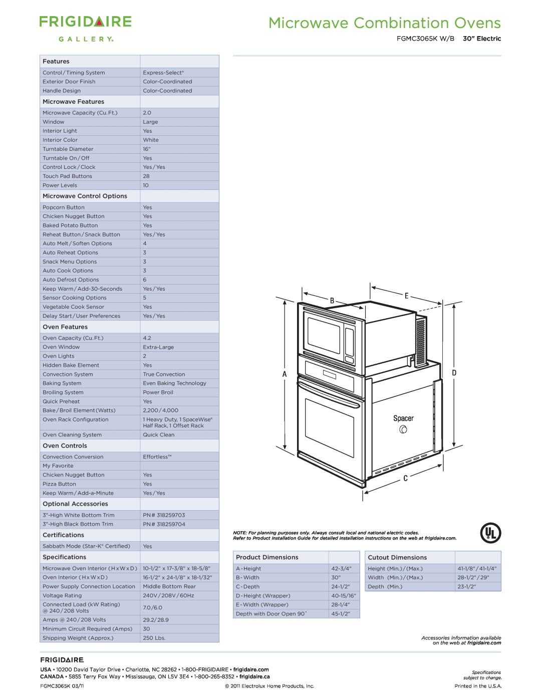 Frigidaire FGMC3065K W/B dimensions Microwave Combination Ovens, B E A D Spacer C 