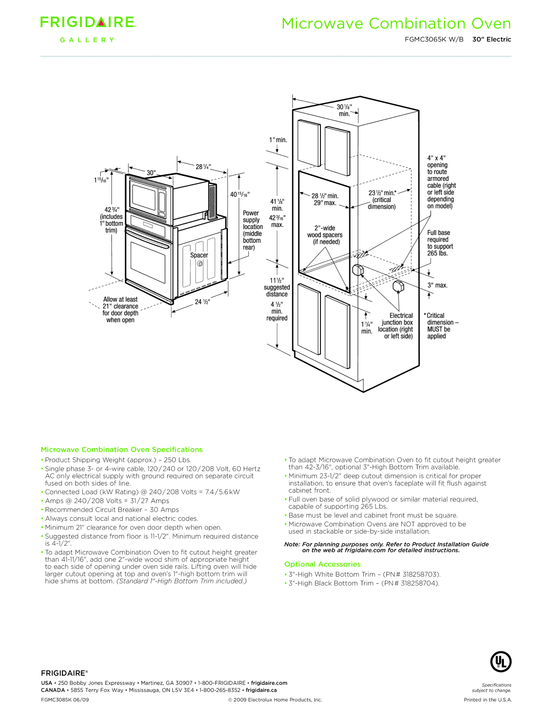Frigidaire FGMC3065KB, FGMC3065KW dimensions Microwave Combination Oven Specifications, Optional Accessories 