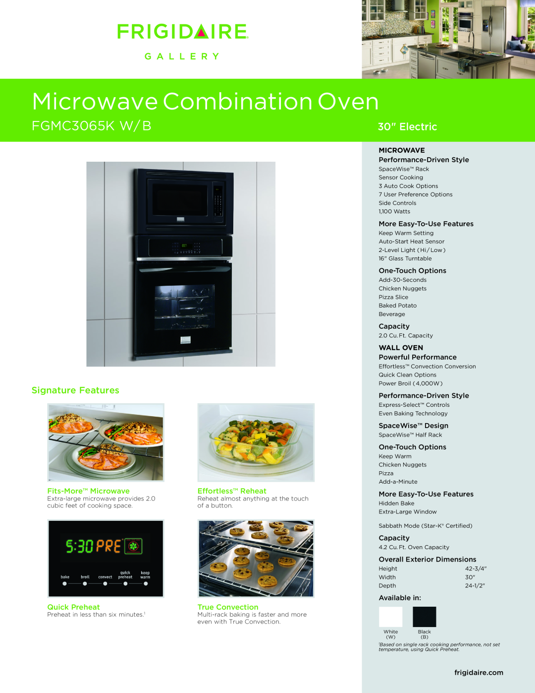 Frigidaire FGMC3065KW dimensions Fits-MoreMicrowave, Effortless Reheat, Quick Preheat, True Convection, FGMC3065K W/ B 