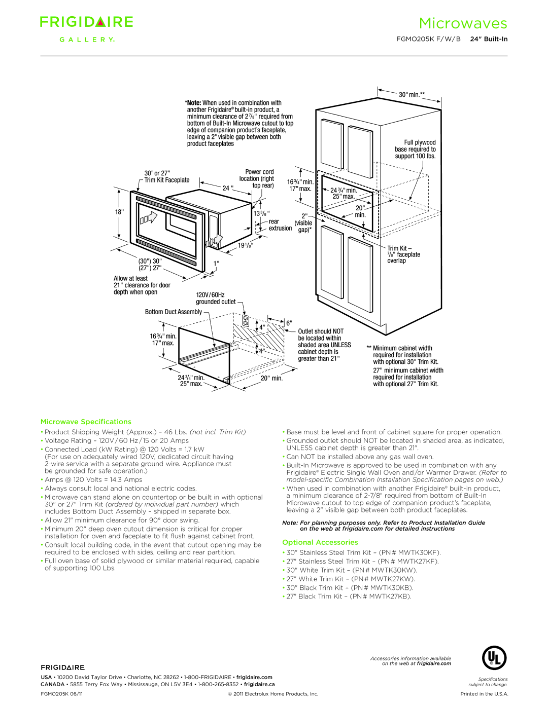 Frigidaire FGMO205K manual Microwave Specifications 