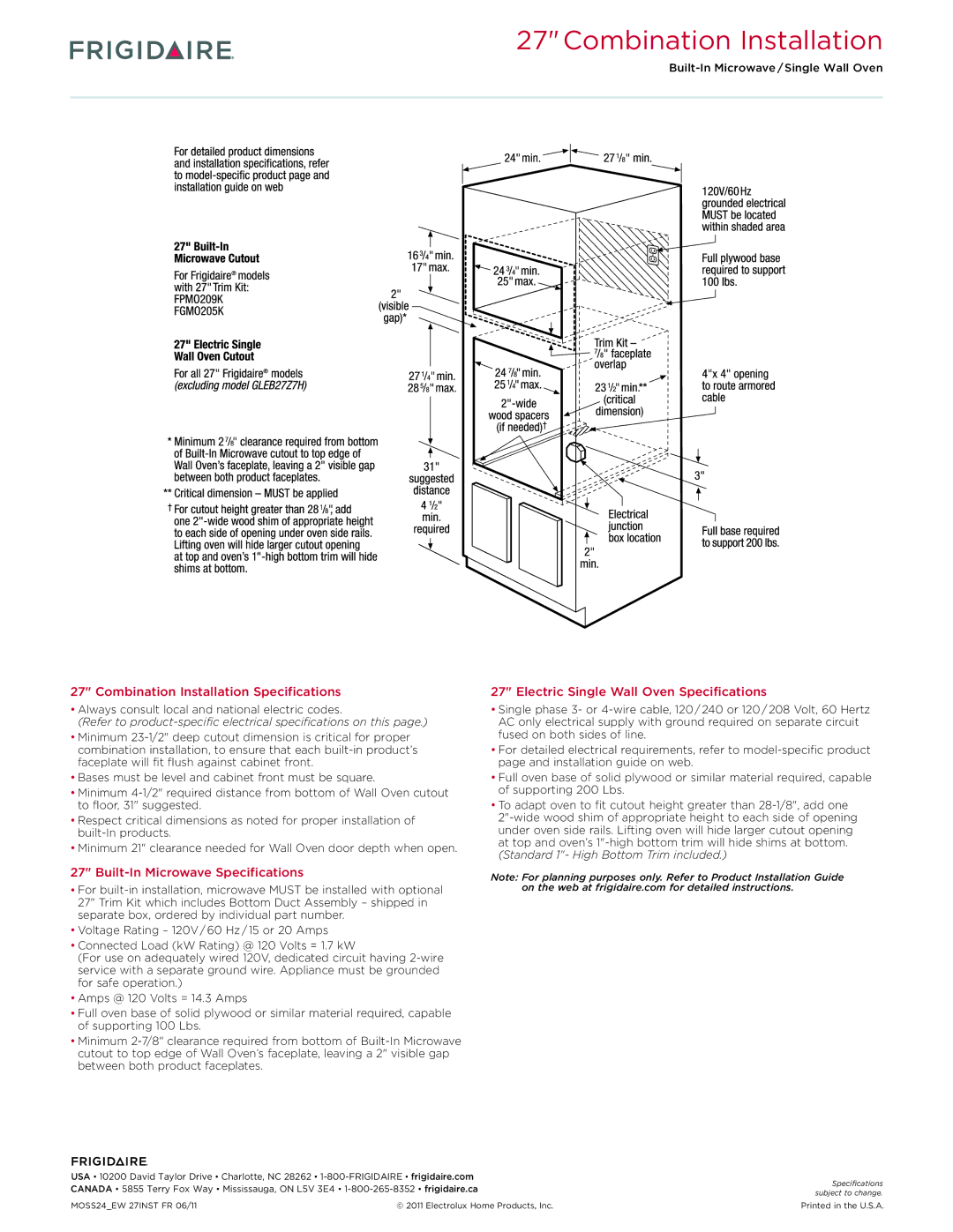 Frigidaire FGMO205K manual MOSS24EW 27INST FR 06/11 Electrolux Home Products, Inc 