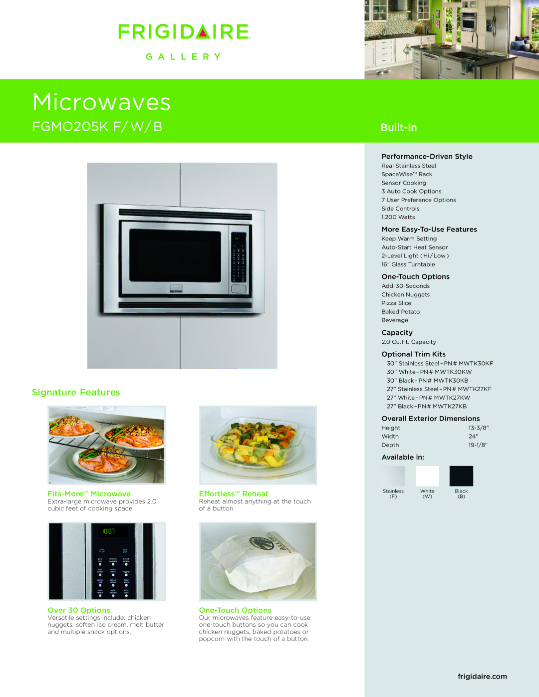 Frigidaire FGMO205KB, FGMO205KW dimensions Fits-More Microwave, Over 30 Options, Effortless Reheat, One-Touch Options 