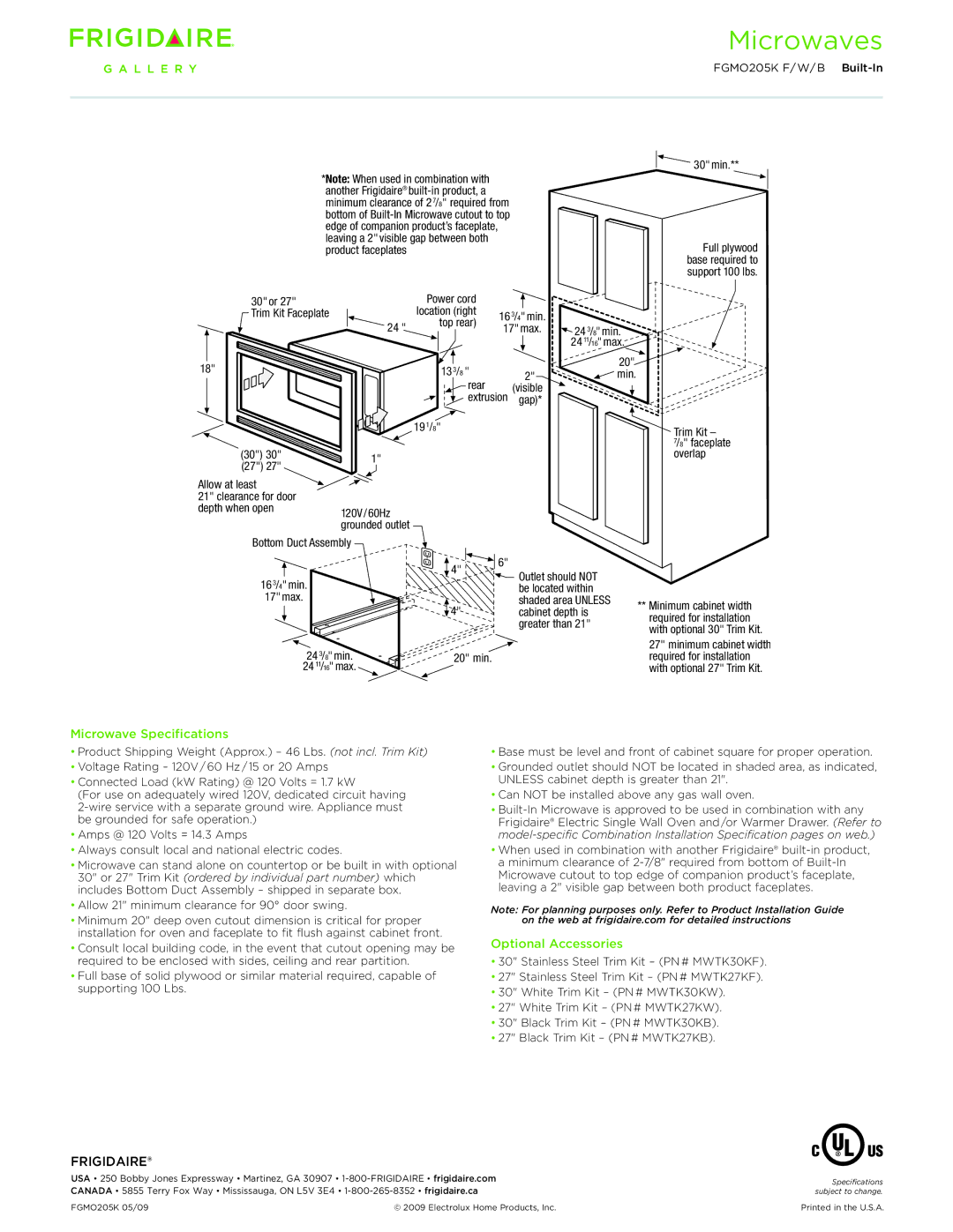 Frigidaire FGMO205KF, FGMO205KW, FGMO205KB dimensions Microwave Specifications, Optional Accessories 