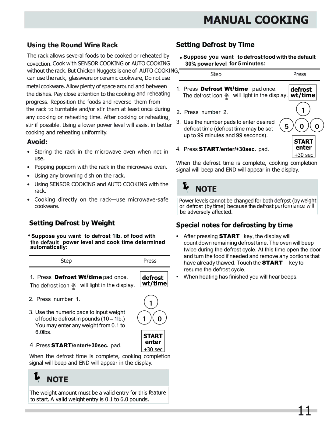 Frigidaire FGMV153CLW, FGMV153CLB, FGMV154CLF Using the Round Wire Rack Setting Defrost by Time, Avoid, Wt/time 