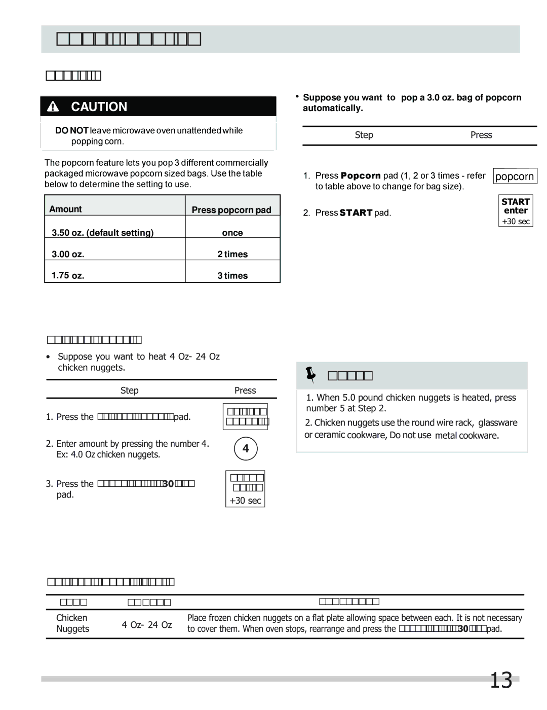 Frigidaire FGMV154CLF, FGMV153CLB, FGMV153CLW important safety instructions Auto Cooking, Chicken Nuggets chart 