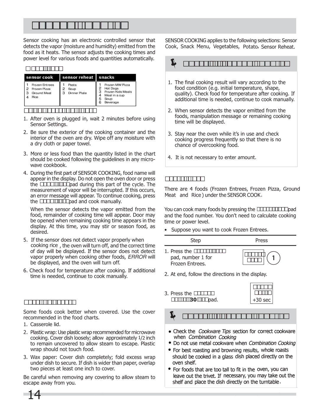 Frigidaire FGMV153CLW, FGMV153CLB, FGMV154CLF Menu label, Using Sensor Settings, Covering Foods, Sensor Cook 