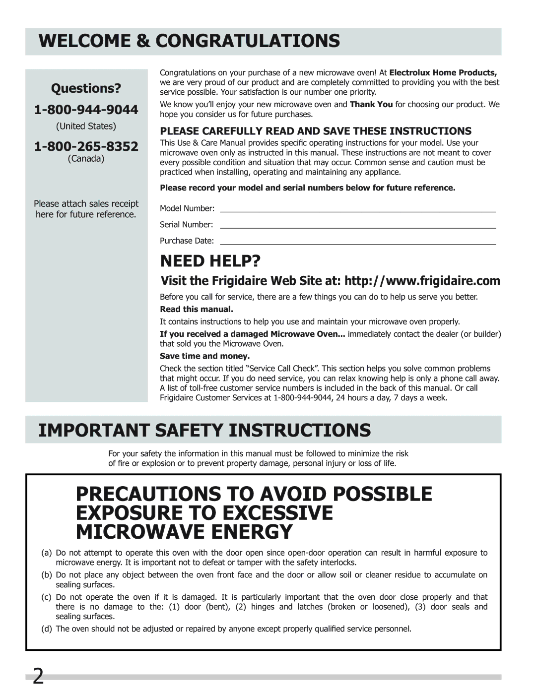 Frigidaire FGMV153CLW, FGMV153CLB, FGMV154CLF Welcome & Congratulations, Important Safety Instructions 