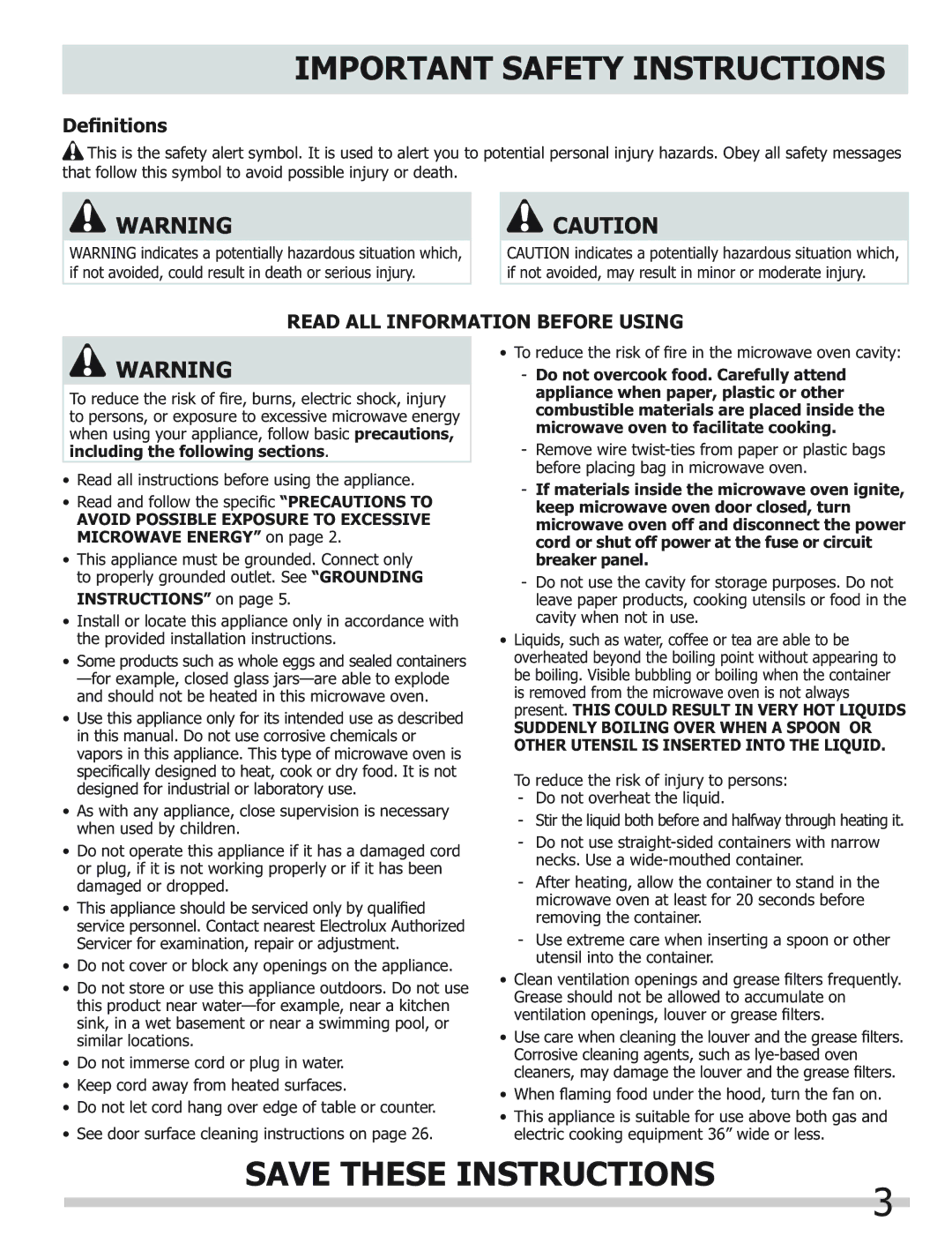 Frigidaire FGMV153CLB, FGMV154CLF, FGMV153CLW important safety instructions Deﬁnitions, Read ALL Information Before Using 