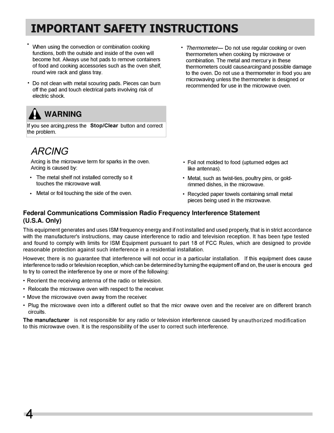 Frigidaire FGMV154CLF, FGMV153CLB, FGMV153CLW important safety instructions Arcing 