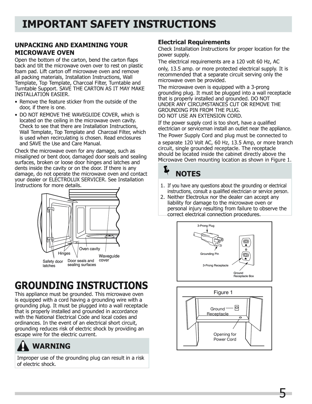 Frigidaire FGMV153CLW Grounding Instructions, Unpacking and Examining Your Microwave Oven, Electrical Requirements 