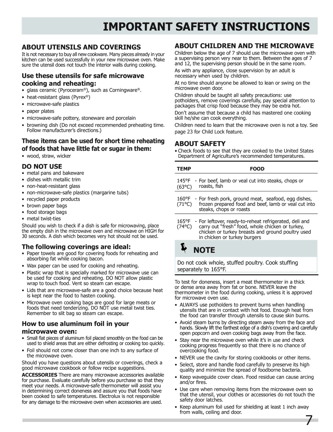 Frigidaire FGMV154CLF, FGMV153CLB About Utensils and Coverings, About Children and the Microwave, Do not USE, About Safety 