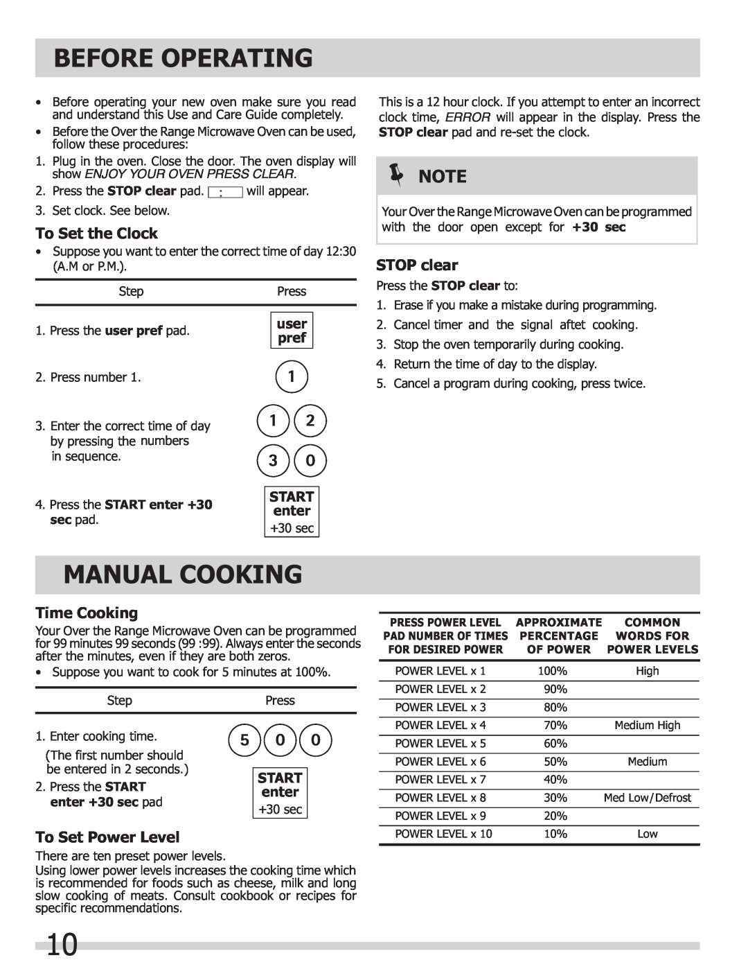 Frigidaire FGMV154CLF Before Operating, Manual Cooking, To Set the Clock, STOP clear, Time Cooking, To Set Power Level 