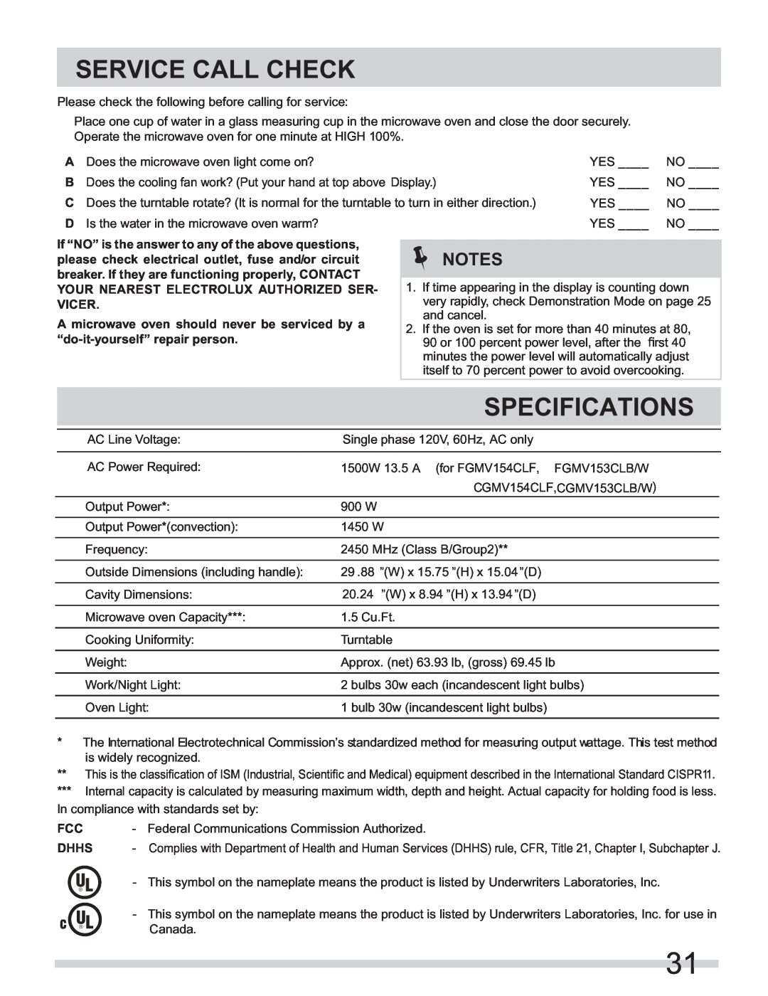 Frigidaire FGMV154CLF Service Call Check, Specifications, If “NO” is the answer to any of the above questions, Vicer 
