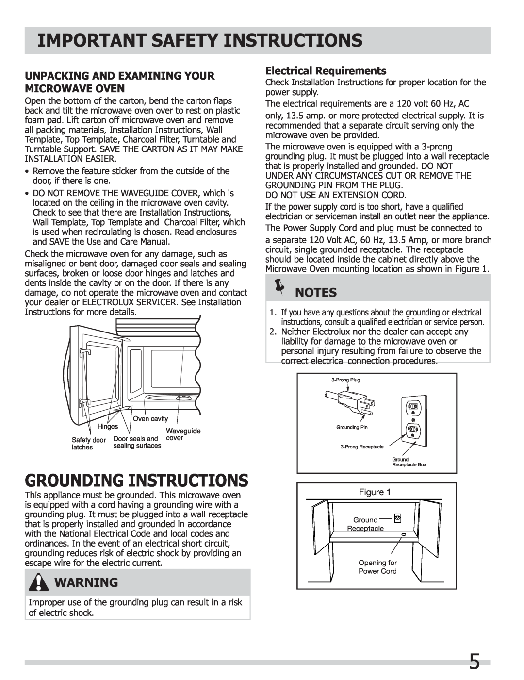 Frigidaire FGMV153CLW Grounding Instructions, Unpacking And Examining Your Microwave Oven, Electrical Requirements 