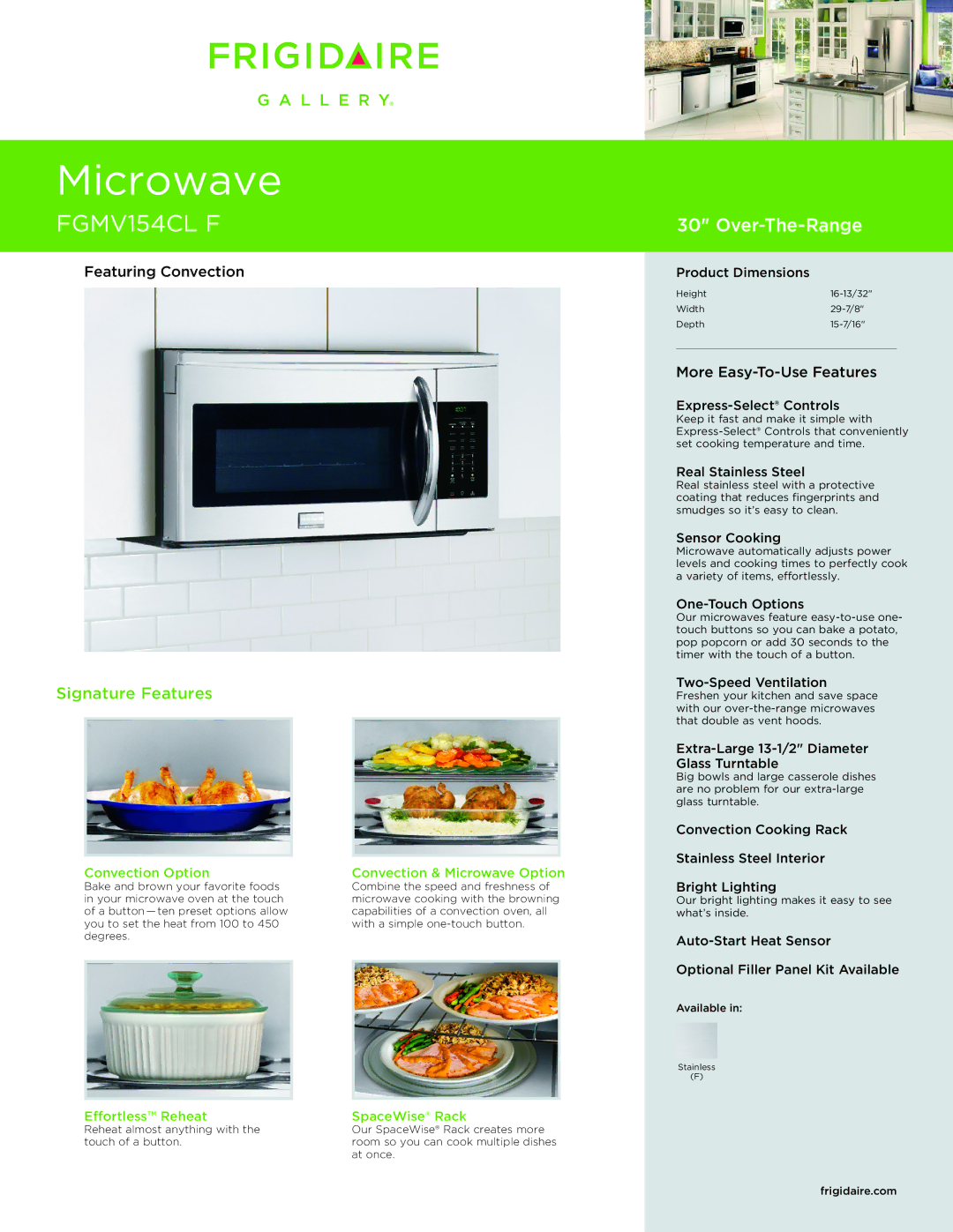 Frigidaire FGMV154CL F dimensions Convection Option, Effortless Reheat, Convection & Microwave Option, SpaceWise Rack 