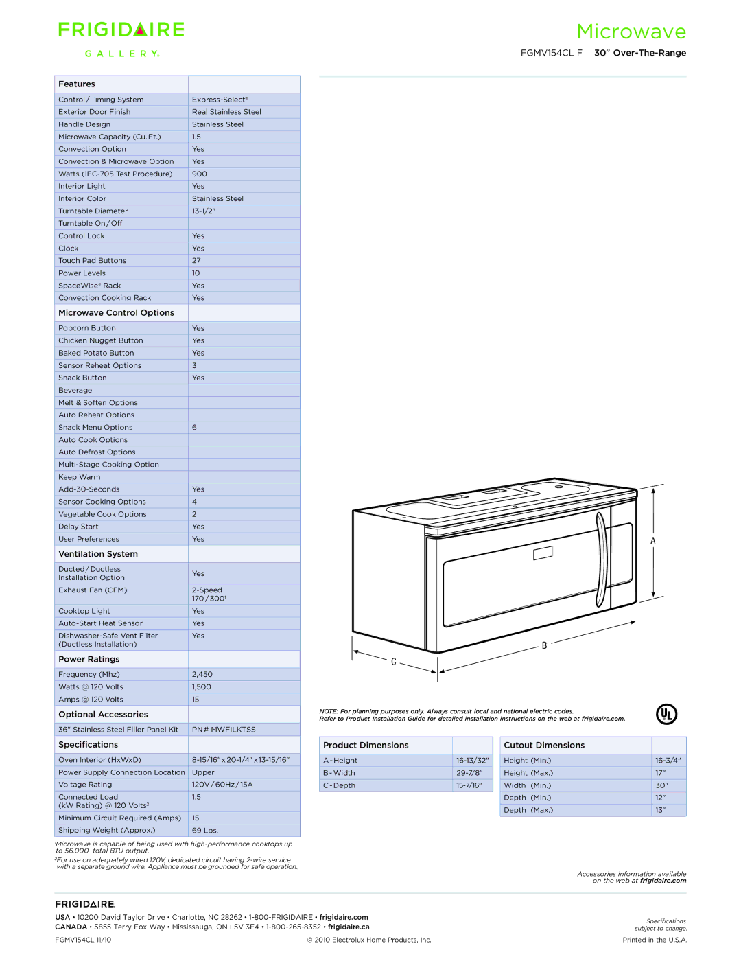 Frigidaire FGMV154CL F Features, Microwave Control Options, Ventilation System, Power Ratings, Optional Accessories 