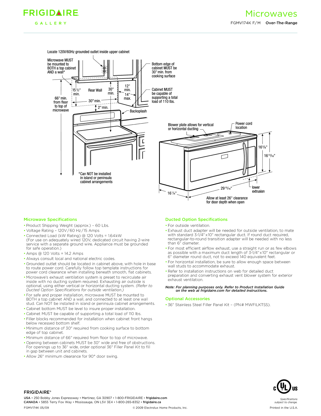 Frigidaire FGMV174K F/M dimensions Microwave Specifications, Ducted Option Specifications, Optional Accessories 