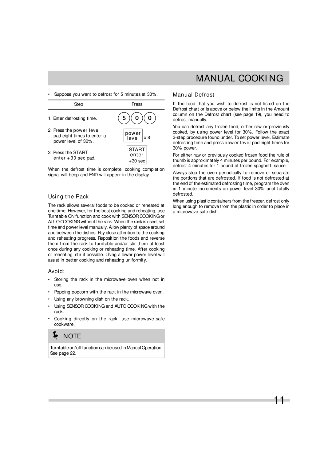 Frigidaire FGMV174KM, FGMV174KF, FGMV173KQ, FGMV173KW, FGMV173KB Manual Defrost, Using the Rack, Avoid, Power level x 