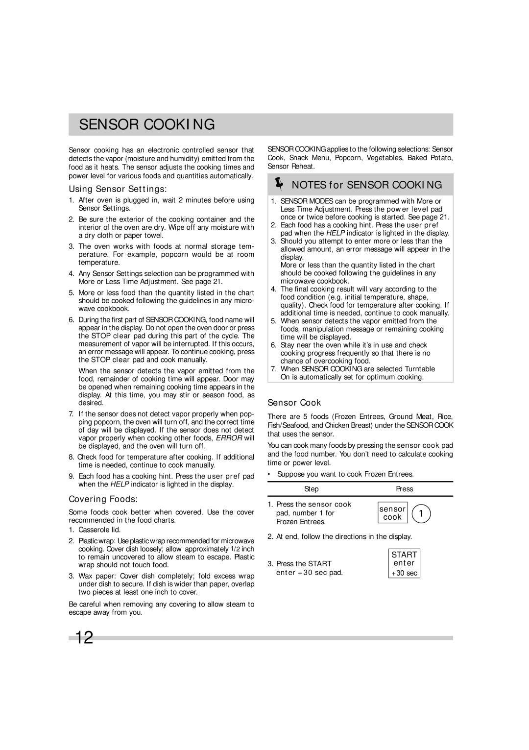 Frigidaire DGMV174KF, FGMV174KF, FGMV173KQ, FGMV173KW, FGMV173KB Sensor Cooking, Using Sensor Settings, Covering Foods 