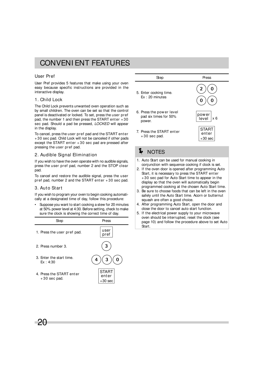 Frigidaire 16495056, FGMV174KF Convenient Features, User Pref, Child Lock, Audible Signal Elimination, Auto Start 