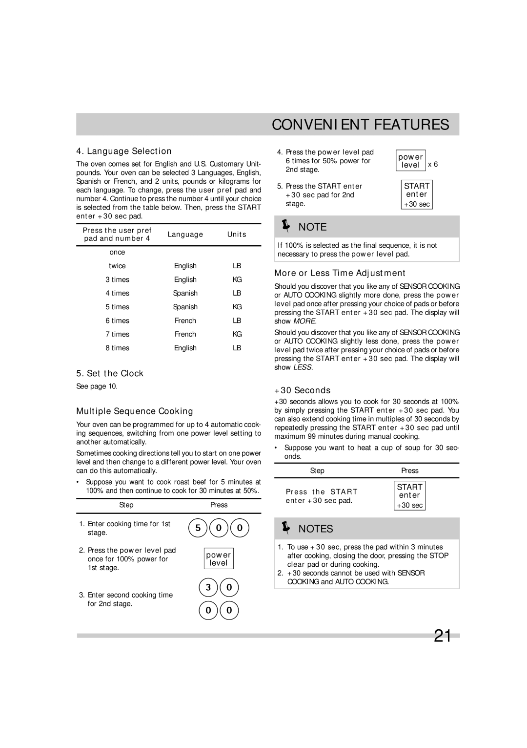 Frigidaire FGMV174KF Language Selection, Multiple Sequence Cooking, More or Less Time Adjustment, +30 Seconds, Power Level 