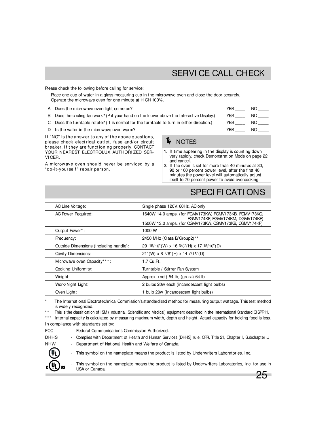 Frigidaire FGMV174KM, FGMV174KF, FGMV173KQ Service Call Check, Specifications, Microwave oven should never be serviced by a 