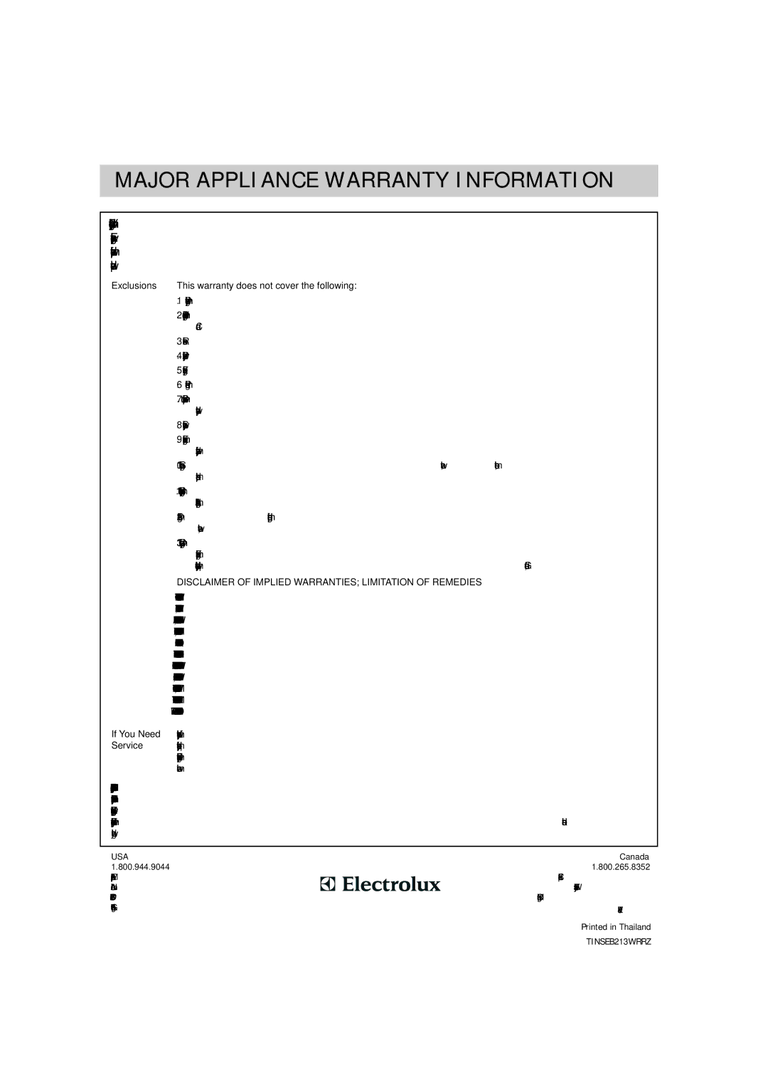 Frigidaire DGMV174KF, 16495056 Major Appliance Warranty Information, Exclusions This warranty does not cover the following 