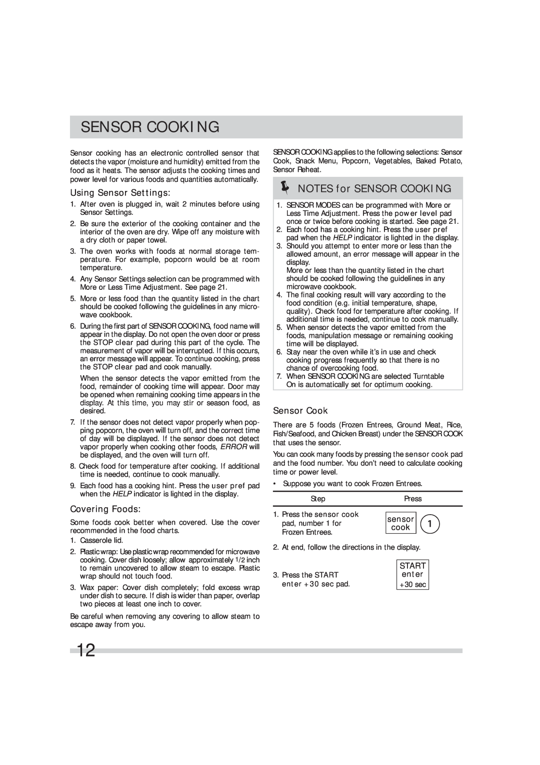 Frigidaire DGMV174KF Sensor Cooking, NOTES for SENSOR COOKING, Using Sensor Settings, Covering Foods, sensor, cook, enter 
