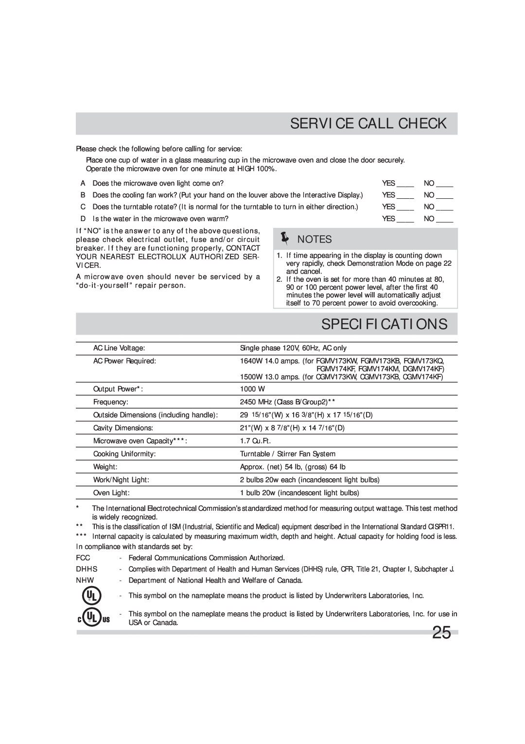 Frigidaire FGMV174KM Service Call Check, Specifications, If “NO” is the answer to any of the above questions, Vicer, Dhhs 