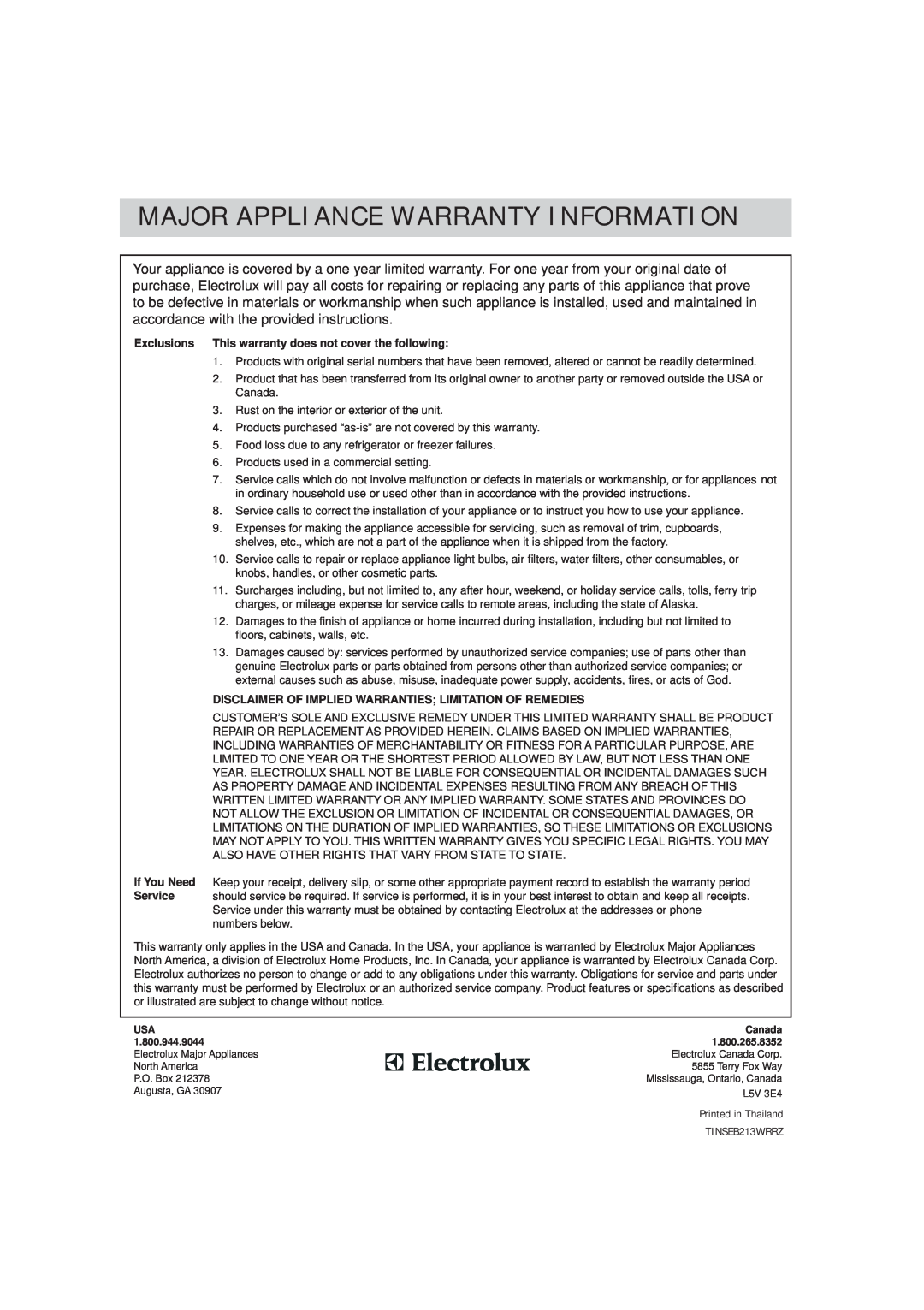 Frigidaire DGMV174KF, 16495056 Major Appliance Warranty Information, Exclusions This warranty does not cover the following 