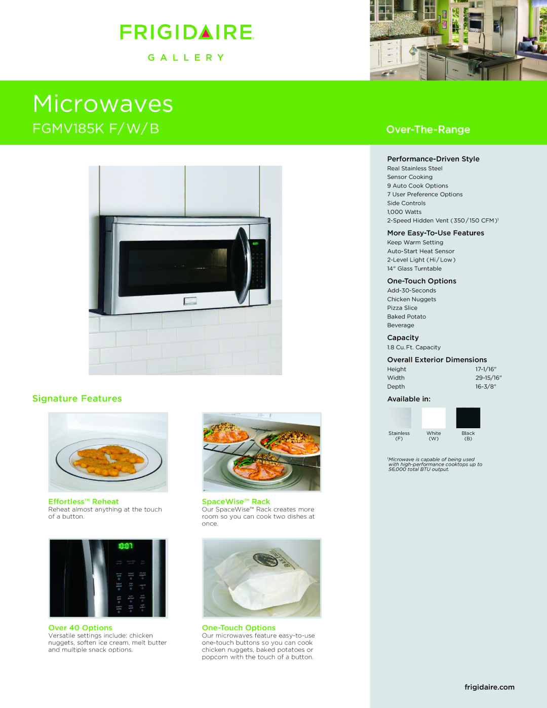 Frigidaire FGMV185K dimensions Effortless Reheat, Over 40 Options, SpaceWise Rack, One-Touch Options 