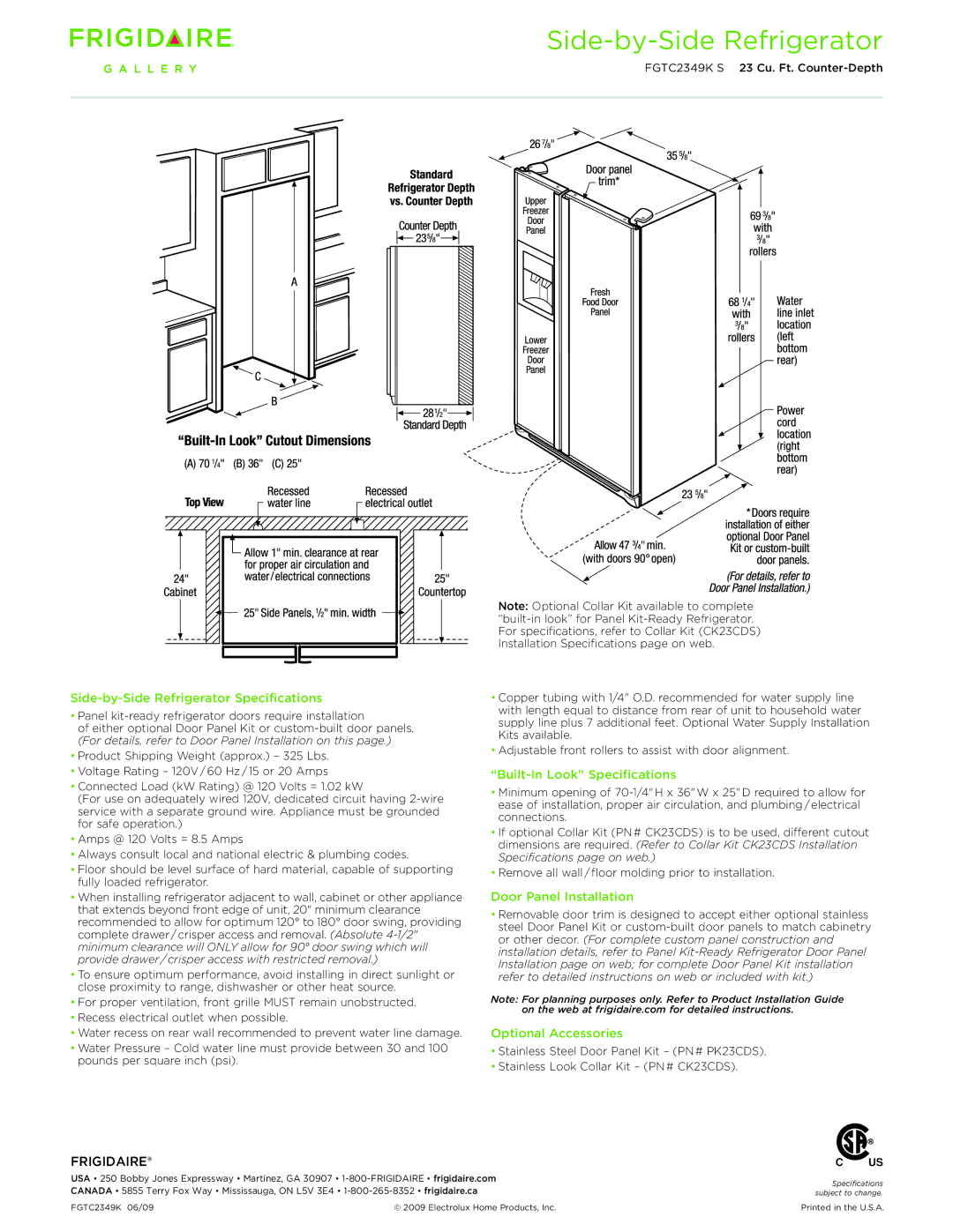 Frigidaire FGTC2349K Side-by-Side Refrigerator Specifications, Built-In Look Specifications, Door Panel Installation 