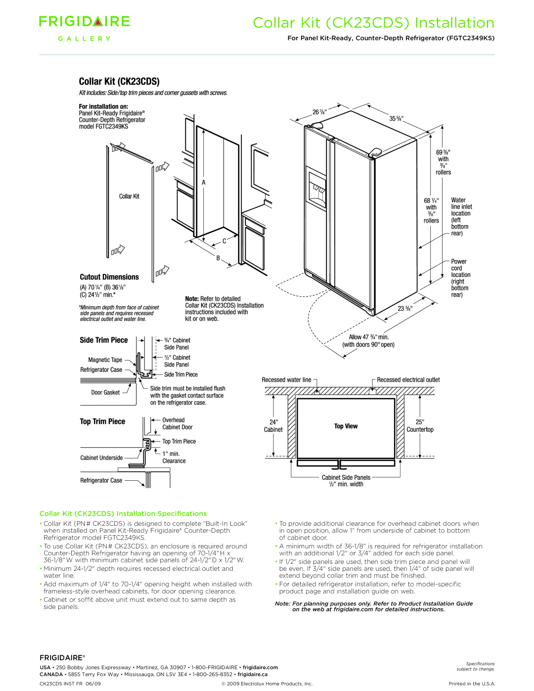 Frigidaire FGTC2349KS dimensions Collar Kit CK23CDS Installation Specifications 