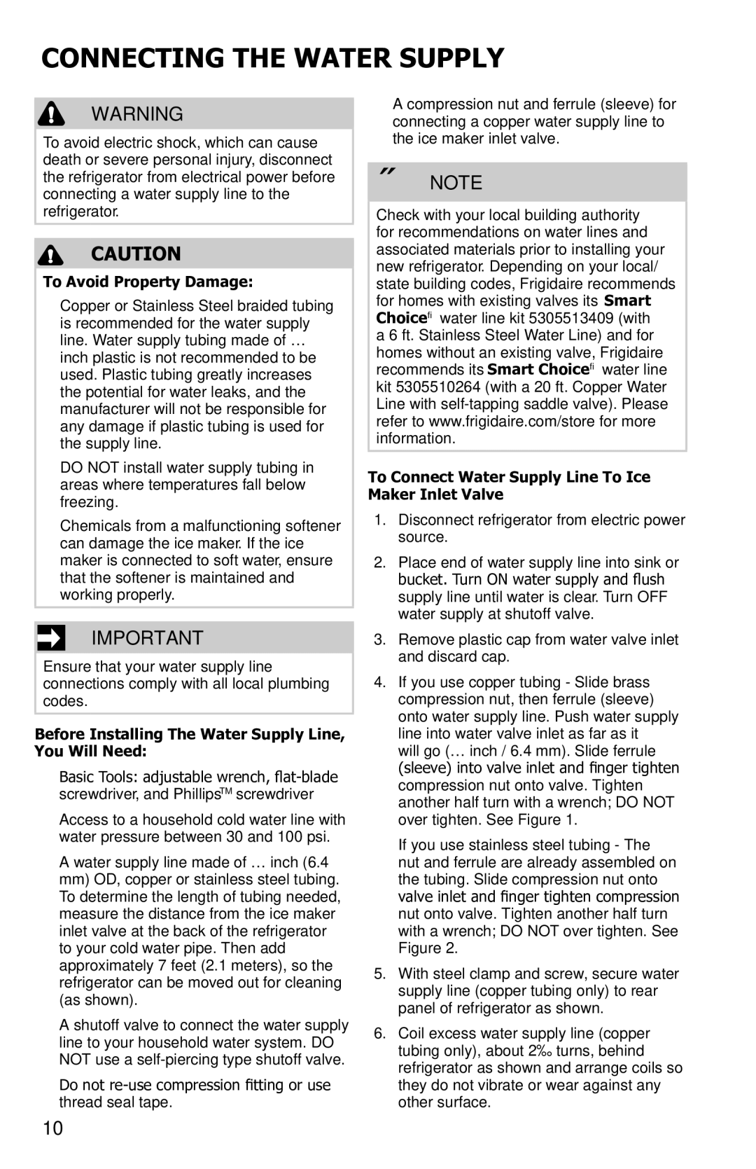 Frigidaire FGTR1845QF, FFTR2021QB, FFTR2021QS, FFTR2021QW, FFTR1614QW Connecting the Water Supply, To Avoid Property Damage 