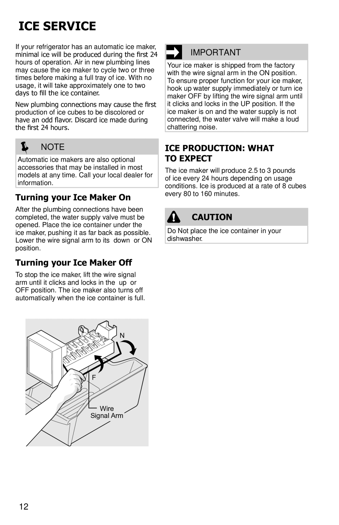 Frigidaire FFTR2021QS, FGTR1845QF, FFTR2021QB, FFTR2021QW ICE Service, Turning your Ice Maker On, Turning your Ice Maker Off 