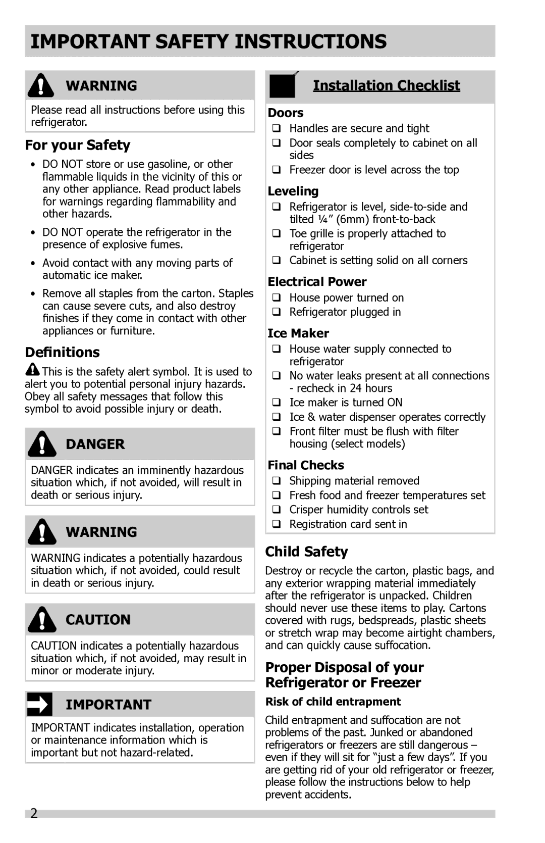 Frigidaire FFTR2021QS, FGTR1845QF, FFTR2021QB, FFTR2021QW, FFTR1614QW Important Safety Instructions 